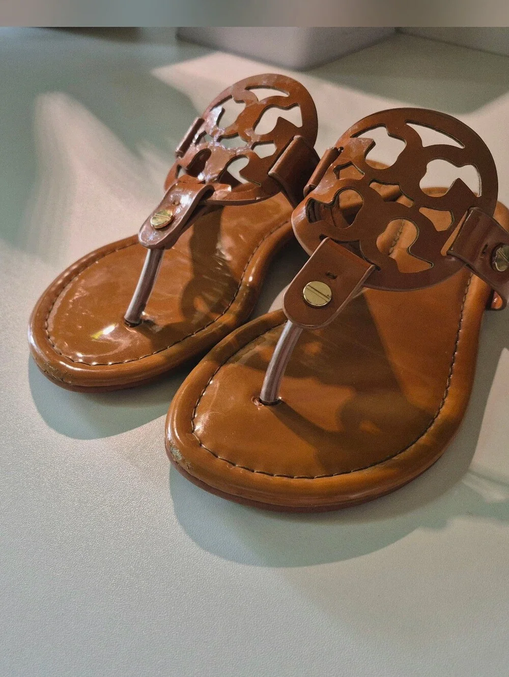 Tory Burch Authentic Patent Leather Brown Miller Logo Cutout Thong Sandals